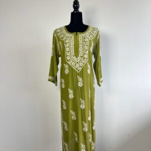 Black half-body mannequin displaying an olive green chikankari kurti with intricate white embroidery, three-quarter sleeves, and a flowing style.