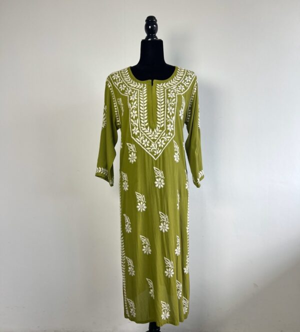 Black half-body mannequin displaying an olive green chikankari kurti with intricate white embroidery, three-quarter sleeves, and a flowing style.