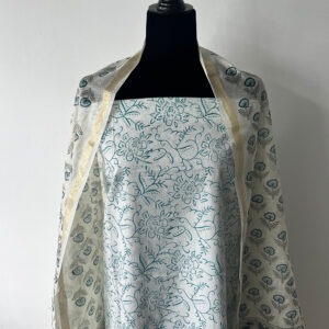 Unstitched blue floral top and printed dupatta displayed on a mannequin.